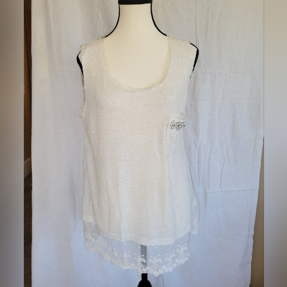A'reve cream boho chabby chic sheer embellished lace trim raw hem ribbon tank L